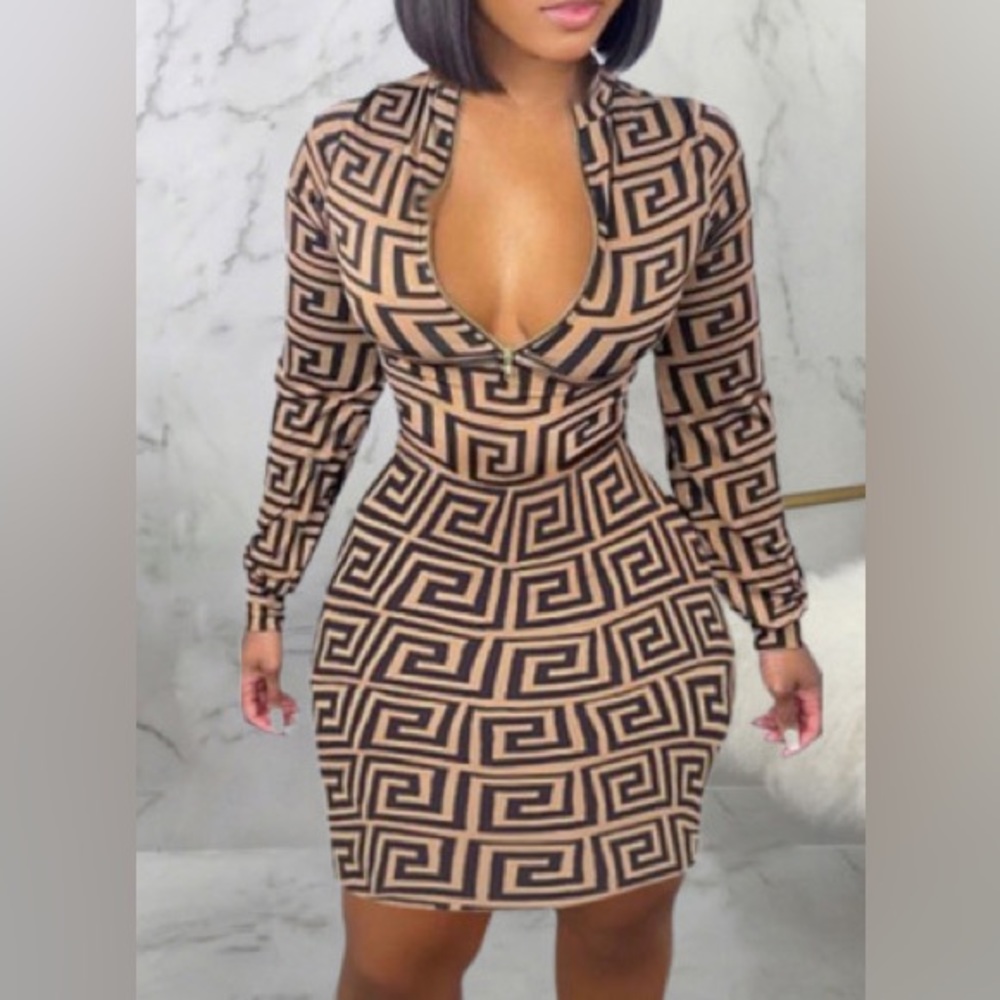Sexy Print Patchwork Zipper Collar Plus Size Dresses